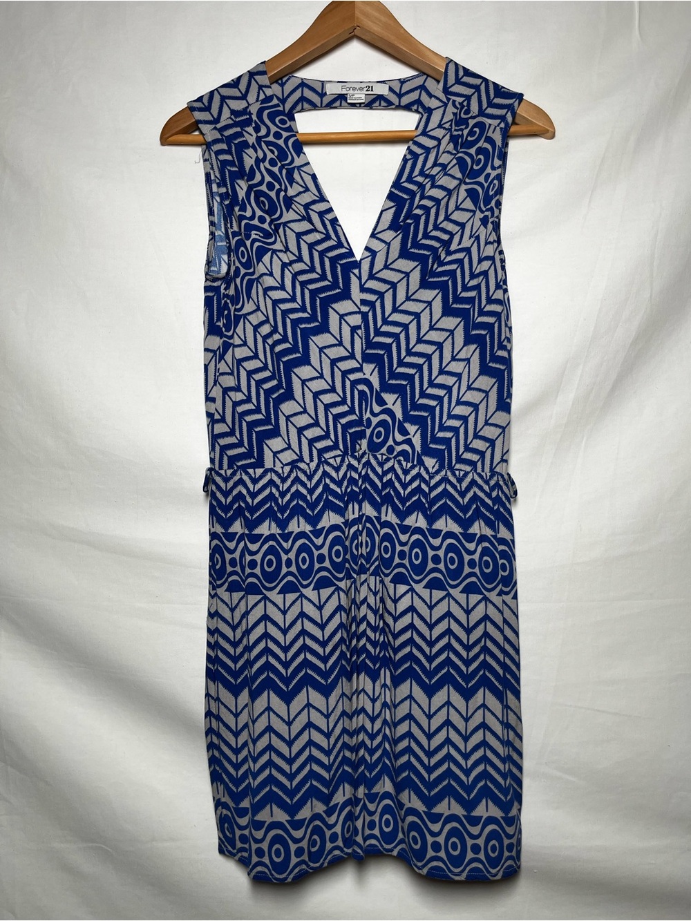 Forever 21 Blue Geometric Print Sleeveless Tie Waist Dress S/P